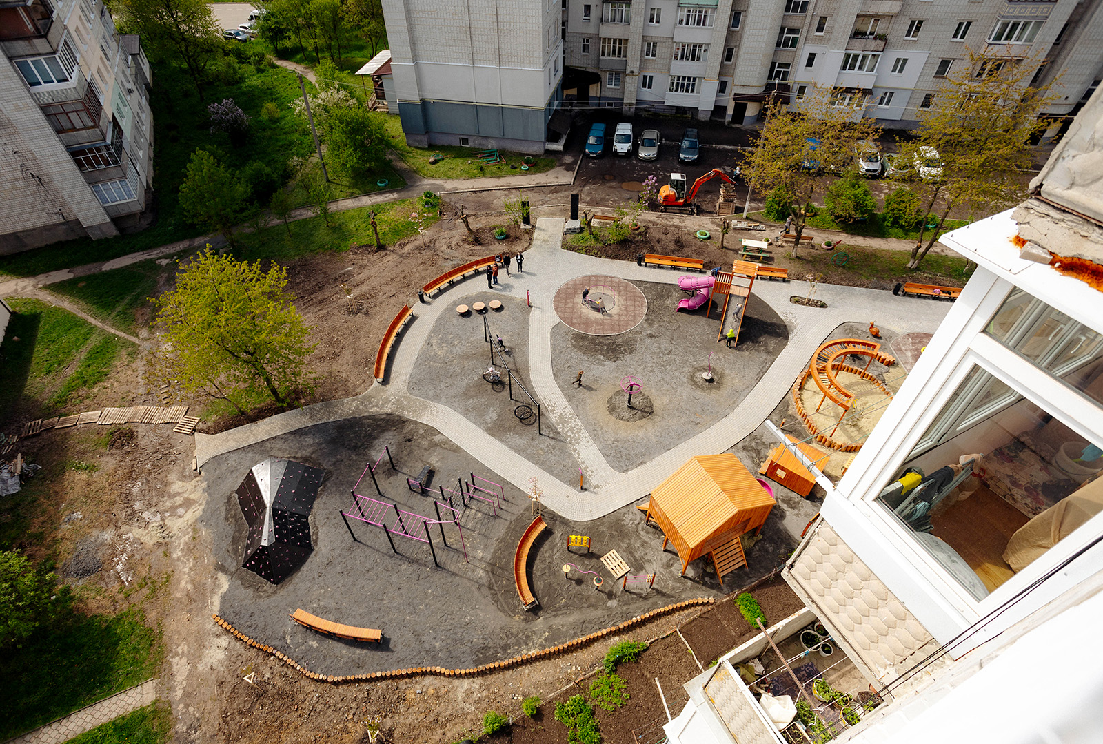 A top down photo that shows a new playground build for internally displaced people in Ukraine.