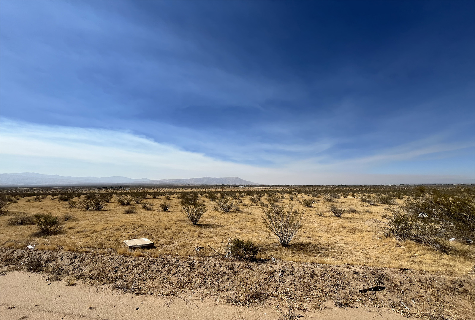 A landscape shot from the desert showing smoke from the Line Fire rising from the mountains.