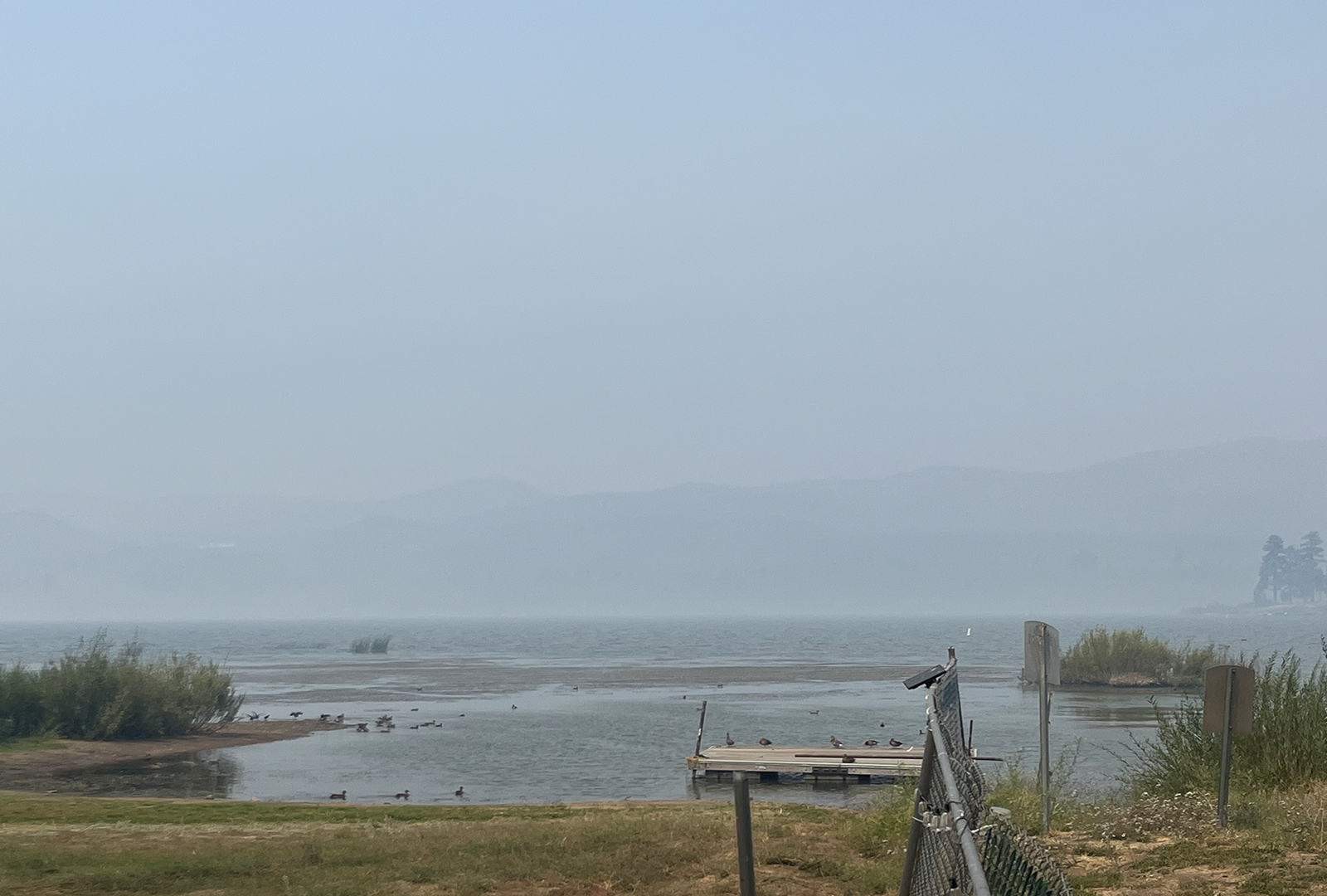 A view of Big Bear lake obscured by wildfire smoke from the Line Fire.