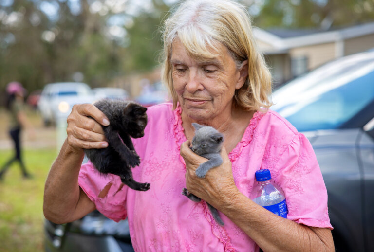 Joellen Cooper holds up two kittens that she found after Hurricane Helene.