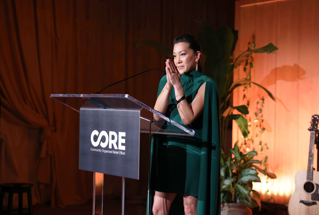 CORE co-founder and CEO, Ann Lee talking to the audience of at CORE's 2024 Art Basel Gala