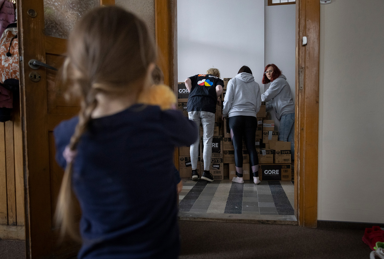 CORE staff prepare for the distribution of toys for Children’s Day at a daycare for refugee children run by a local community partner in Rzeszow.