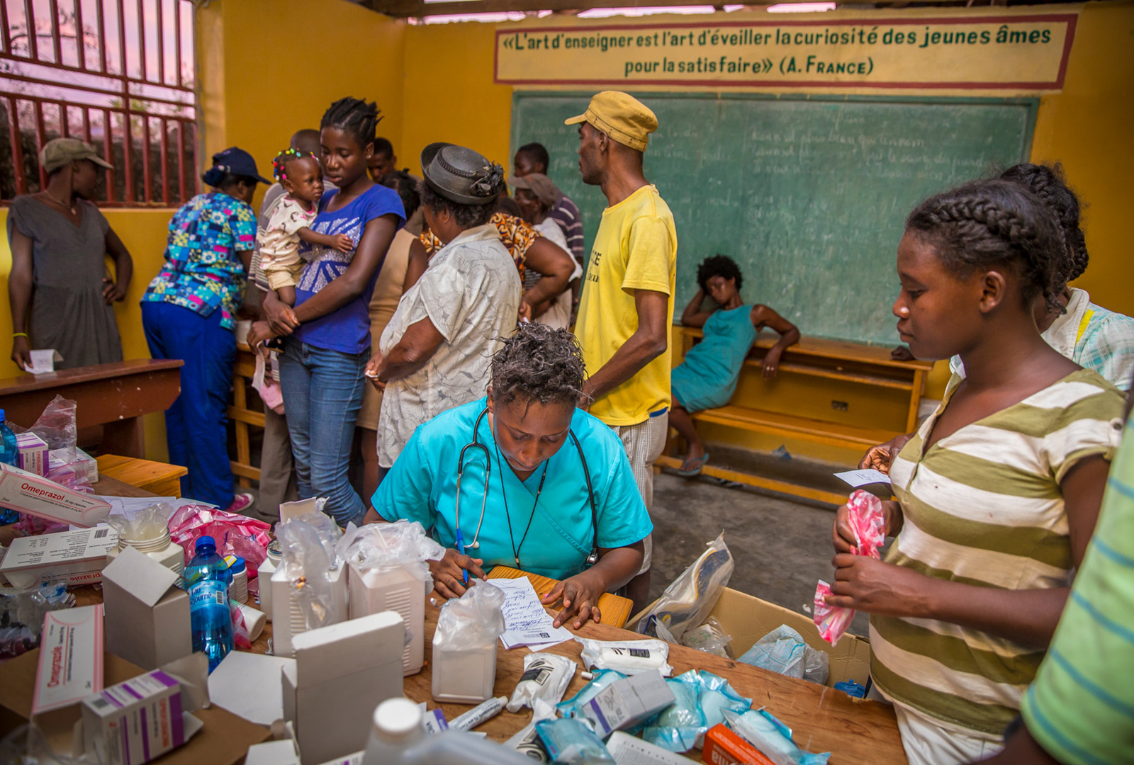 A  J/P HRO mobile medical clinic operates at a shelter for people displaced by Hurricane Matthew in Les Cayes, Haiti in October 2016. We launched an immediate and comprehensive response after the Category 4 storm devastated much of southern Haiti. J/P HRO cleared and stabilized roads, removed storm debris from towns, recruited members of the community to tarp damaged roofs, and delivered immediate food and water aid.